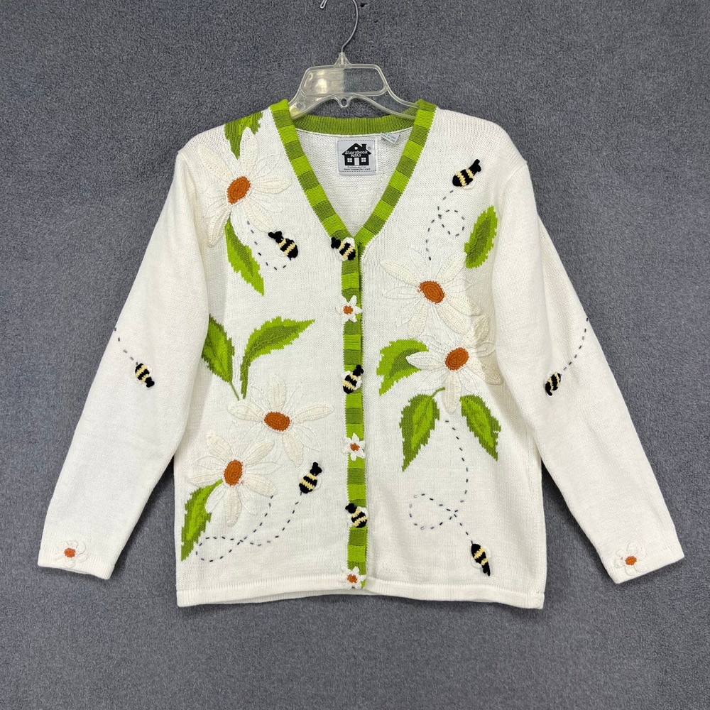 Storybook Knits Cardigan Womens Small White Green Daisy Bee Embroidered Sweater